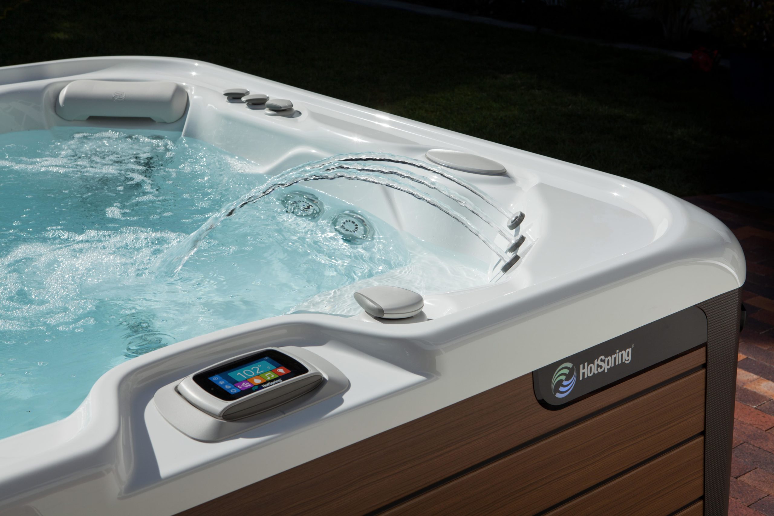image of a highlife vanguard nxt hot tub with a waterfall feature