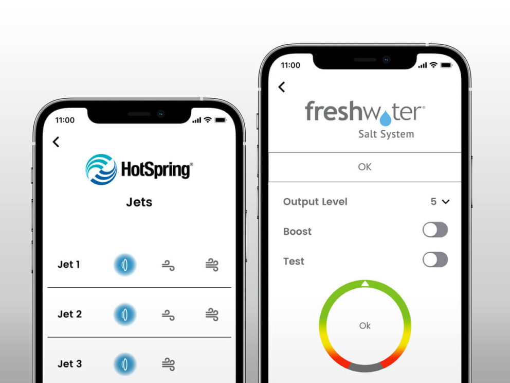 Two phones displaying the Hot Spring Spas App, demonstrating the convenient control and monitoring of the connected spa.