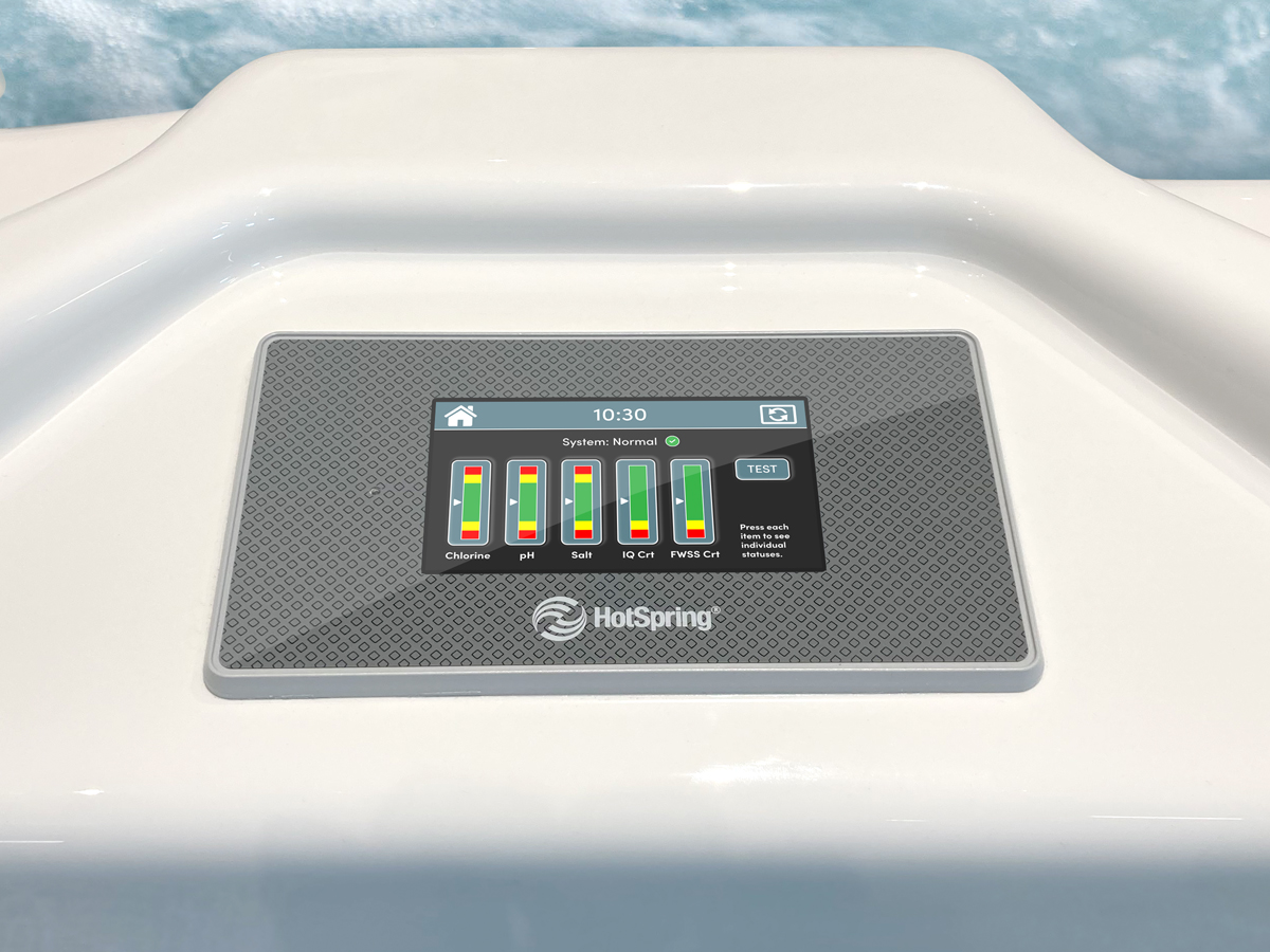 Hot Spring's hot tub control panel featuring a digital display showcasing hourly saltwater analysis results. The interface provides data on chlorine levels, pH balance, and salt sanitizer concentration, along with smart sensor and cartridge metrics.