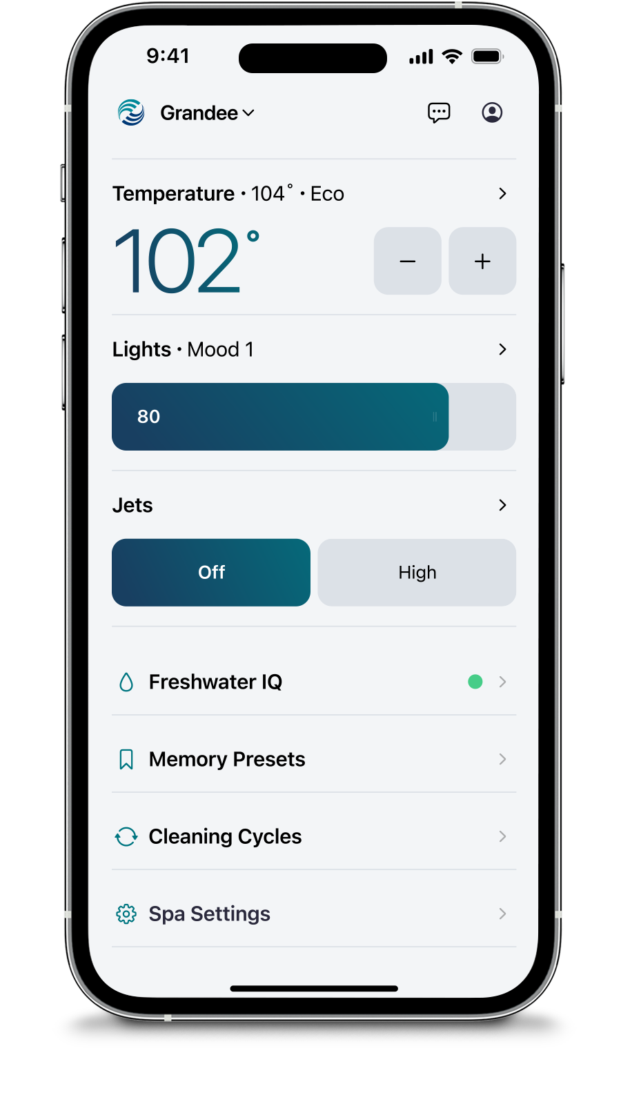 Hot Spring® Spas mobile app interface showing temperature control, jets, lighting, and FreshWater® IQ settings.